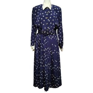 Vintage 90s Talbots Petites Dress Size 10 Navy Blue White Polka Dot Pleated Belt